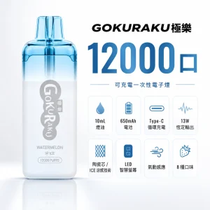 一次性電子煙｜GOKURAKU 極樂｜12000口 13W恆定輸出 ICE冰感 智慧螢幕顯示